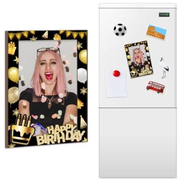 Imagem de 1 moldura magnética de geladeira de aniversário para mulheres e homens, moldura de madeira de feliz aniversário, moldura magnética dourada preta, moldura magnética de geladeira, para decoração de