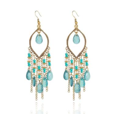 Imagem de Brincos Boho femininos turquesa com borla, Zinco, Sem pedra preciosa