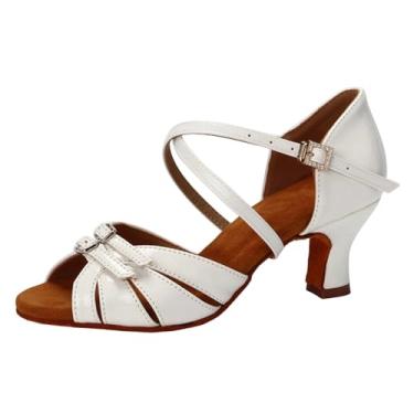 Imagem de Tênis feminino adulto de dança latina, salto médio, sola macia, para primavera, verão, texturizado, confortável, mistura de algodão e poliéster, Branco, 36