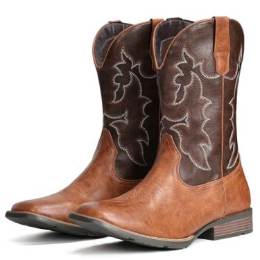 Imagem de IUV Botas de caubói masculinas, bico quadrado, bota ocidental, durável, retrô, clássica, bordada, sem fecho, bota antiderrapante, Marrom escuro, 8