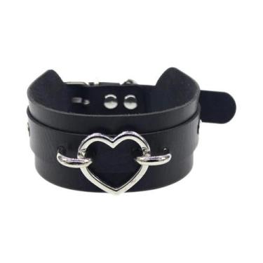 Imagem de Colar Gótico Feminino Preto De Couro Punk Com Coração, Cadeado E Espin