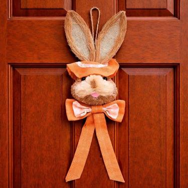 Imagem de Decoração Páscoa Pendente Cabeça Coelho Com Laço Palha 65cm Laranja