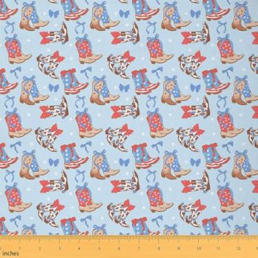 Imagem de Tecido American Cowgirl Outdoor por jarda, tecido de botas de cowboy com estampa de couro bovino rústica, laço de princesa azul vermelho azul bandeira dos EUA tecido decorativo estrelado para