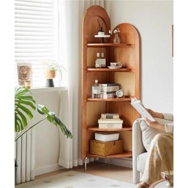 Imagem de Estante vintage de canto de vime de 5 camadas - Rack de exibição de madeira maciça escalonada para sala de estar e escritório - Estante aberta com economia de espaço (acabamento natural)
