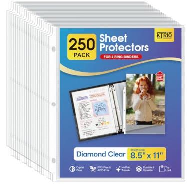 Imagem de Ktrio Protetores de folhas de 21 x 28 cm, protetores de página transparentes para fichário de 3 anéis, mangas de plástico para fichários, protetor de papel de alta carga, pacote com 250