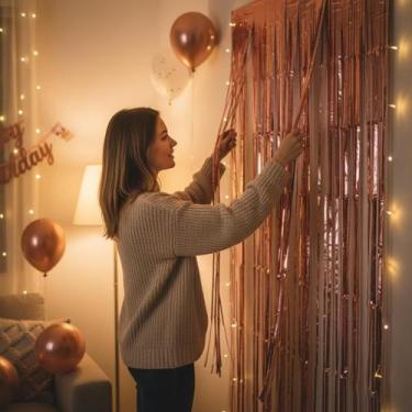 Imagem de Cortina Metalizada Rose Gold Decoração Festa 3m Altura Fitas Brilho Fe
