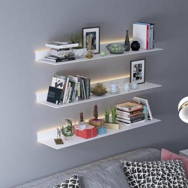 Imagem de Prateleiras de livros flutuantes de metal com luz LED iluminada embutida, montagem de parede moderna não possui prateleira, organizador de decoração de casa de armazenamento flutuante, prate