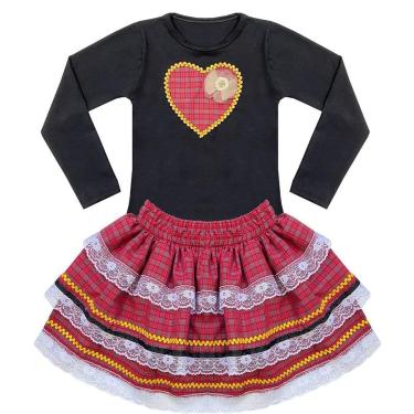 Imagem de Conjunto Juvenil Look Jeans Camiseta c/ Saia Xadrez Vermelho - 14 - VERMELHO-Feminino