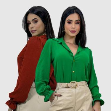 Imagem de Kit 2 camisa social feminina manga lastex - SWISS BOUTIQUE, Telha, Ver