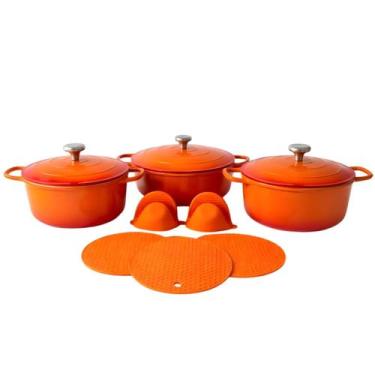 Imagem de Jogo Panelas Caçarola Indução Gás Forno E Kit Silicone Cor Laranja 8 P