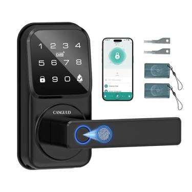 Imagem de Fechadura de porta de entrada sem chave com impressão digital - fechadura digital inteligente com alça, fechadura de teclado eletrônico para porta da frente, maçaneta biométrica, trava automática