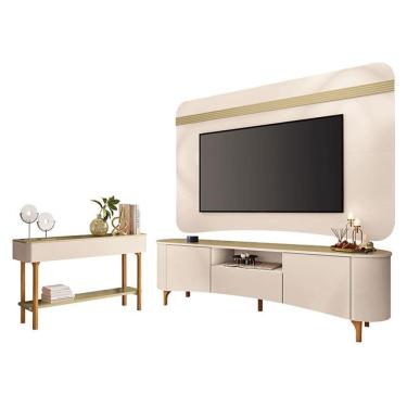 Imagem de Rack Bancada Elara e Painel Armony com Aparador Fiero Off White Champanhe - HB Móveis