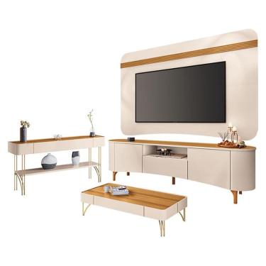 Imagem de Rack Bancada Elara e Painel Armony com Mesa de Centro Cadenza e Aparador Vivant Off White Cinamomo - HB Móveis