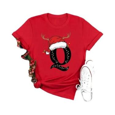 Imagem de Camiseta Feminina Vermelha De Natal Com Alfabeto, Estilo Casual, Manga