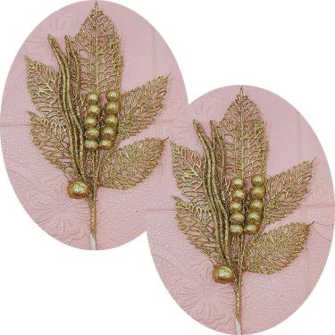 Imagem de Enfeite de Natal Flores Decoração Natal com Folhas Decorativas com Frutinhas Natalinas Glitter Dourado Outras Marcas
