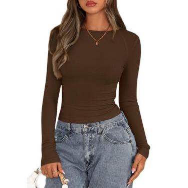 Imagem de Blusa PRETTYGARDEN de Manga Longa em Malha Canelada Slim Marrom M