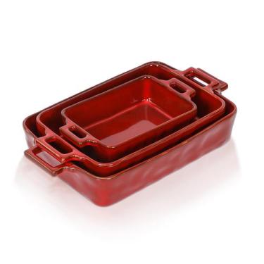 Imagem de Conjunto de Assadeiras Vicrays em Porcelana 3 Peças Vermelho 38 x 22 c