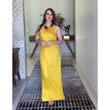Imagem de Vestido longo liso amarelo de alcinha tamanho M no tecido viscolinho -
