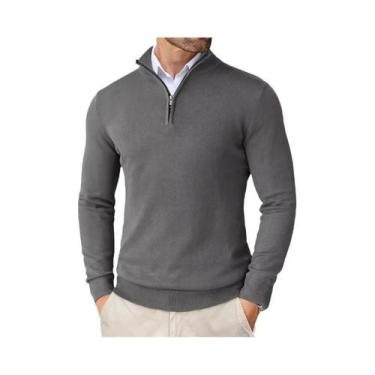 Imagem de Suéter Masculino Slim Fit Leve Com Zíper De Um Quarto, Gola Alta, Tric