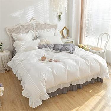 Imagem de Capa de edredom com babados de cor pura tamanho grande 100% algodão lavado boêmio jogo de cama 4 peças - branco + cinza|||cama de 1 m