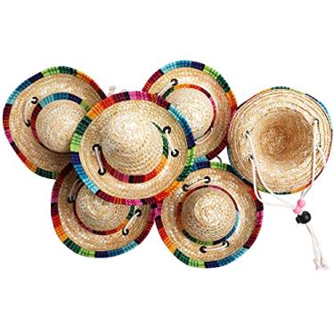 Imagem de Pacote com 6 mini chapéus de festa mexicana de palha natural mini sombrero artigos de festa festa Cinco de Mayo chapéu mexicano decorações de festa, mini chapéu sombrero (pacote com 6)