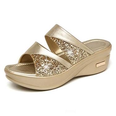 Imagem de Sandálias femininas fashion Peep Shoes casuais Toe verão plataforma sólida feminina anabela marrom, Dourado, 7.5