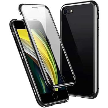 Imagem de HAODEE Capa Clamshell Magnética para Apple iPhone SE 2ND (2020) 4,7 polegadas, capa frontal e traseira de vidro temperado transparente, moldura de alumínio (cor: preto)