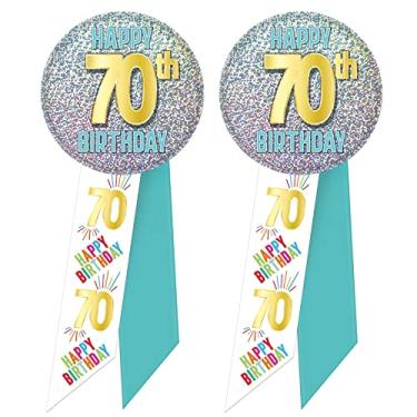 Imagem de Beistle 2 peças Happy 70th Birthday Button pins Wearable Rosettes para lembrancinhas de festa comemorativas, 14 x 5 cm, multicolorido