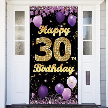 Imagem de Fundo de banner de porta de aniversário de 30 anos, decorações de feliz aniversário de 30 anos para mulheres ouro roxo, adereços de foto de aniversário de 30 anos, suprimentos de decoração de placa de festa de aniversário para ambientes internos externos resistentes, vicicaty