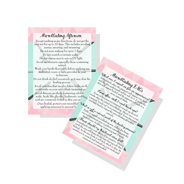 Imagem de Cartões de instruções de cuidados pós-cuidados Microblading | Pacote com 30 | Pincel de maquiagem rosa e verde Design de ferramenta de sobrancelha Tamanho dupla face 10,8 x 14 cm Cartão postal pós-cuidados