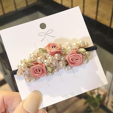 Imagem de AKOAK 2 peças pérola flor aro de cabelo fio dourado alta elástico laço corda de cabelo pulseira de uso duplo menina confortável pérola lágrima de cabelo (quaisquer 2 cores)