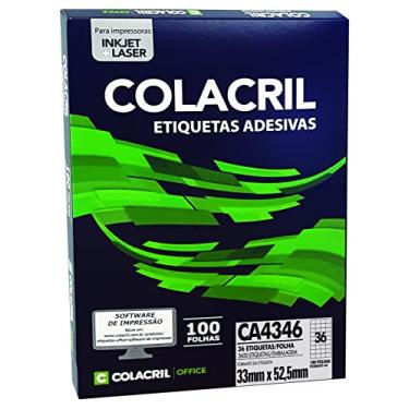 Imagem de ColaCril Etiqueta Adesiva Ink-Jet/Laser A4, CA4346, Branco, 33 x 52.5 mm, envelope com 100 fls-3600 etiquetas