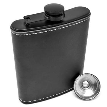 Imagem de Cantil de couro para licor 236 ml dobradiça preta à prova de vazamento com funil para homens e mulheres