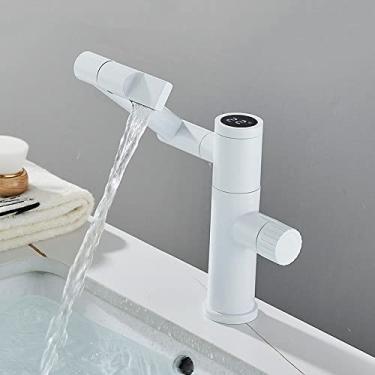 Imagem de Torneiras em cascata com visor digital Torneiras para lavatório dobráveis Torneiras giratórias para lavatório para banheiro Torneira para lavatório de água quente e fria Misturador guindaste, branco