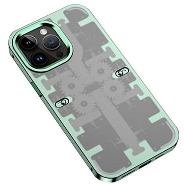 Imagem de DENSUL Capa para iPhone 14/14 Pro/14 Plus/14 Pro Max, capa de vidro temperado, traseira estilo legal 44 engrenagem mecânica, capa de telefone de proteção de lente de liga de alumínio, verde, 14 Plus 6,7 polegadas
