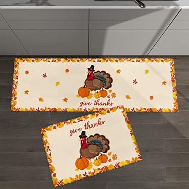 Imagem de Conjunto de 2 tapetes de cozinha de Ação de Graças Dê Graças Desenho Peru Folhas de Bordo Laranja Abóbora para Tapetes Acolchoados no Chão e Tapetes Antiderrapantes Absorventes Passadeira Confortável Tapete de Pé