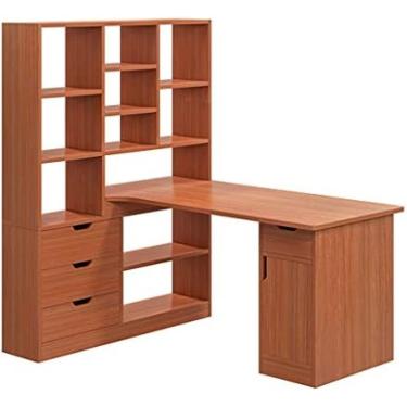 Imagem de Mesa De Computador Em Forma De L, Mesa De Escritório Com Prateleiras, Mesa E Estante Em Um, Mesa De Canto Para Home Office, 3 Cores, 2 Tamanhos,Marrom,120x100x145CM,Super21