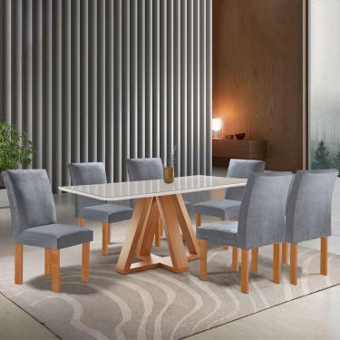 Imagem de Mesa de Jantar 6 Lugares Kyra/Canela com Vidro Cinamomo/Off White/Suede Cinza - Cel Móveis