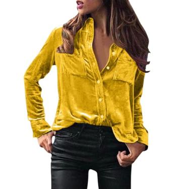 Imagem de Camisetas femininas de manga comprida blusa de veludo dourado blusa de botão vintage gola V lapela gola tops camisa com bolso, D - amarelo, M