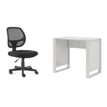 Imagem de Conjunto de Mesa Morada Branca com Cadeira de Escritório Secretária Giratória Oxford Preta