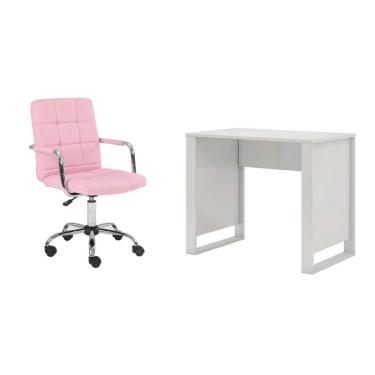 Imagem de Conjunto de Mesa Morada Branca com Cadeira de Escritório Secretária Giratória Fitz Rosa