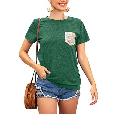 Imagem de Camiseta Com Bolso de Lantejoulas, Blusa de Manga Curta Cor Pura Gola Redonda Elástica Casual para Compras para Mulheres (L)