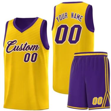 Imagem de Camiseta personalizada de basquete Jersey uniforme atlético hip hop impressão personalizada número de nome para homens jovens, Amarelo e roxo-40, One Size