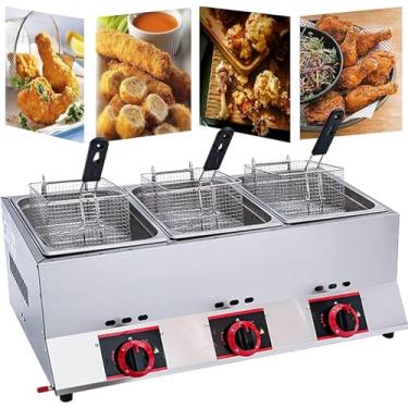 Imagem de Fritadeira a gás, fritadeira profissional comercial, fritadeira dupla de grande capacidade 33L, com cestos e tampa removíveis, poder de fogo ajustável, para batatas fritas, donuts, peixe, fritadeira