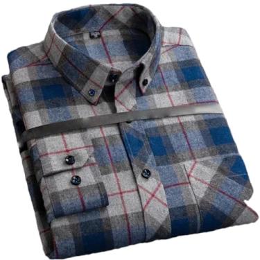 Imagem de Camisa social masculina plus size para lazer masculina algodão lixado flanela quente casual manga longa gola xadrez, Algodão 161, P