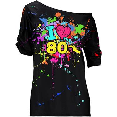 Imagem de Roupa feminina dos anos 80 com ombros de fora, camisetas femininas neon para fantasia de manga média, camisetas de comprimento médio, Preto, One Size