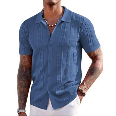 Imagem de COOFANDY Camisa polo masculina de malha de manga curta com botões na moda casual verão praia, Jeans azul, G