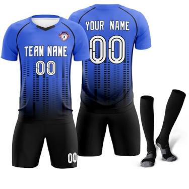 Imagem de Camisa de futebol personalizada uniforme de treino de futebol impresso logotipo com número de nome para crianças adultas, Azul e preto-12, One Size