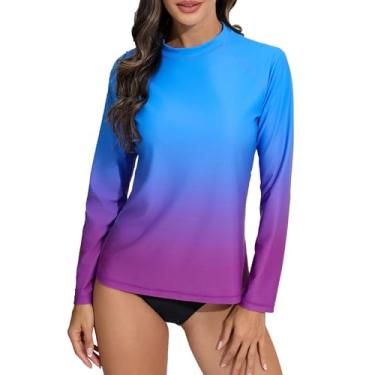 Imagem de Halcurt Camiseta feminina de manga comprida Rash Guard Top UPF50+ com proteção solar UV, roupa de banho de secagem rápida, Ombre, azul, roxo, M