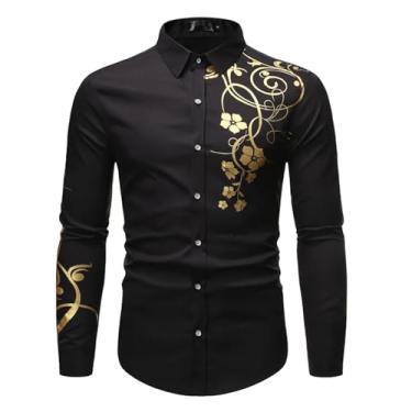 Imagem de Camisa masculina preta com estampa de bronze floral slim fit manga longa casual abotoada camisa masculina, Preto, M